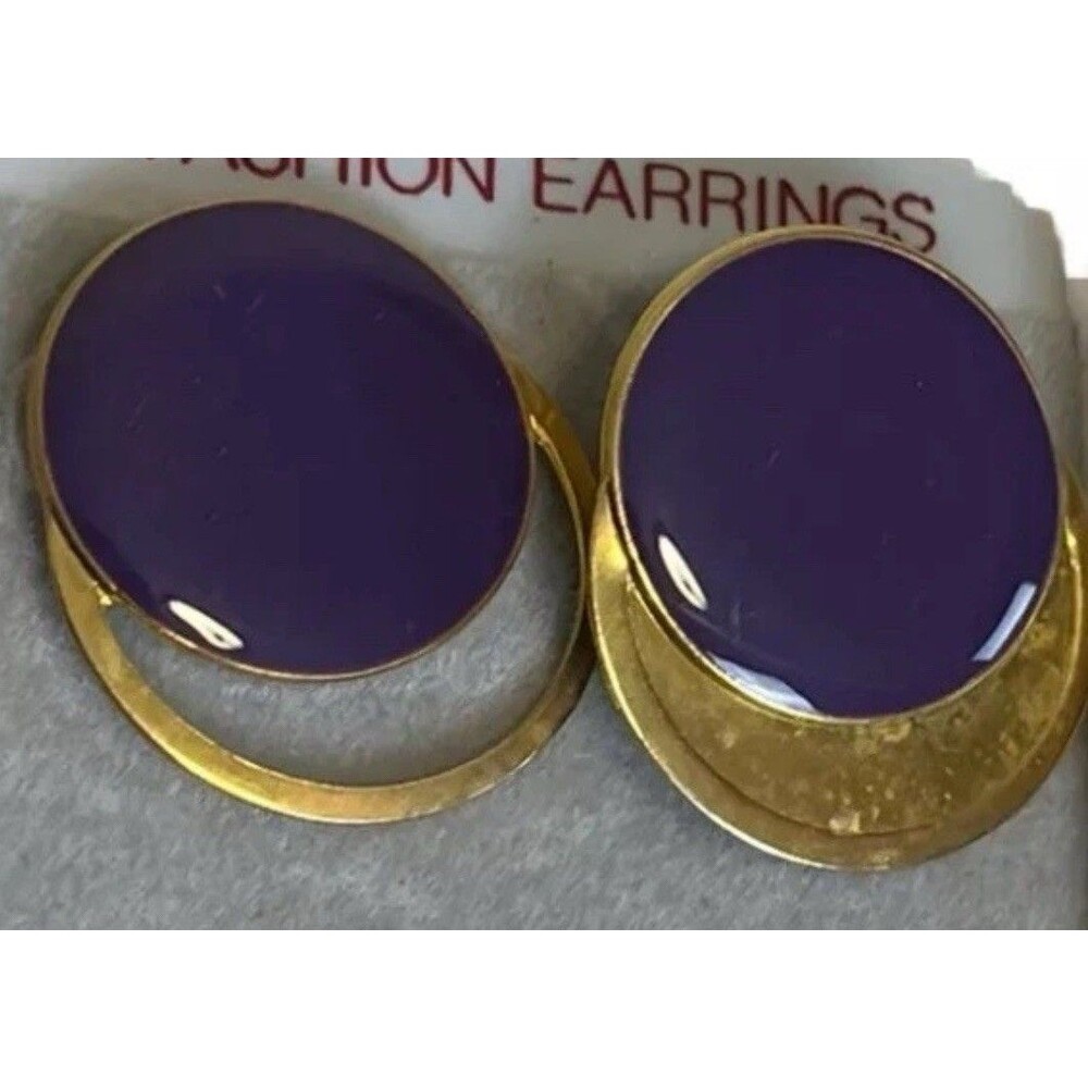 Purple Enamel Disc Pierced Earrings Vintage‎ 80s Gold-tone NWT Retro Career Work